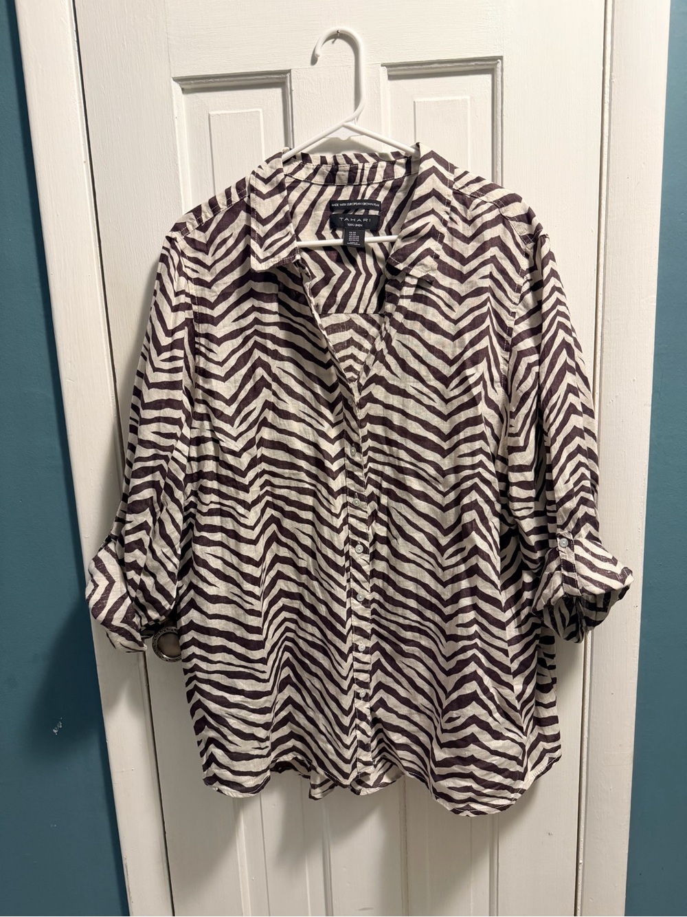 Tahari Zebra Stripe Button-Front Blouse - Cream & Dark Brown 3X